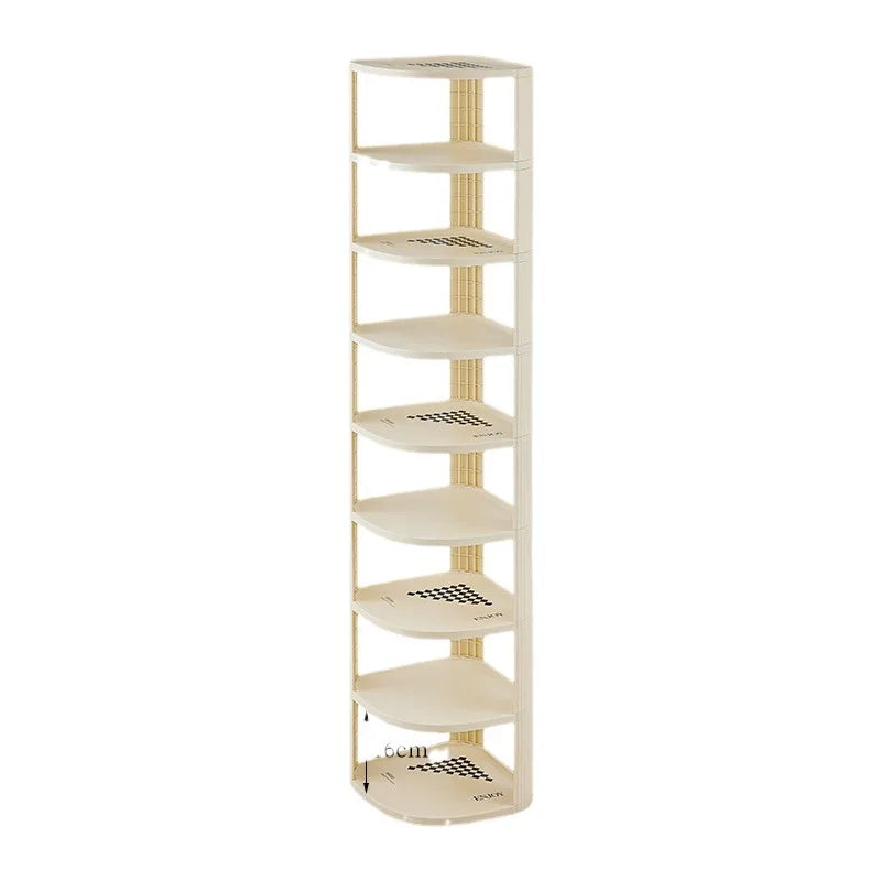 étagère rotative moderne multi niveaux beige clair rayures verticales supports rangement robuste anti dérapant