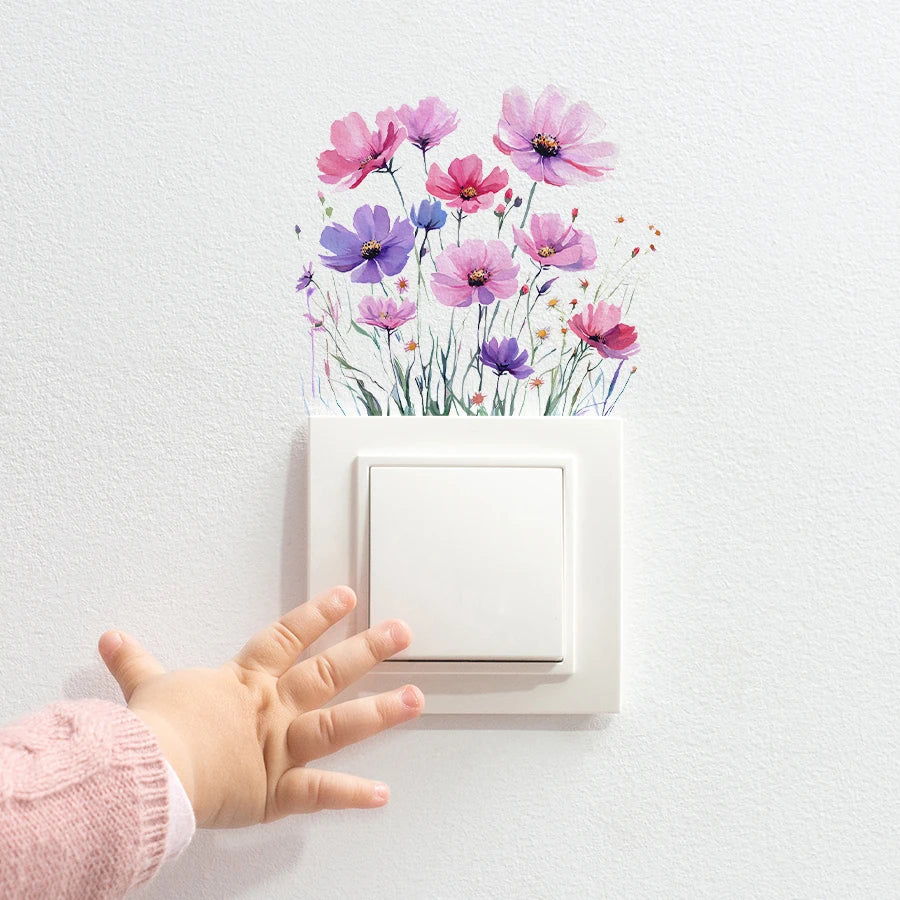 interrupteur mural adhésif fleurs colorées moderne blanc chambre enfant aquarelle amovible pastel