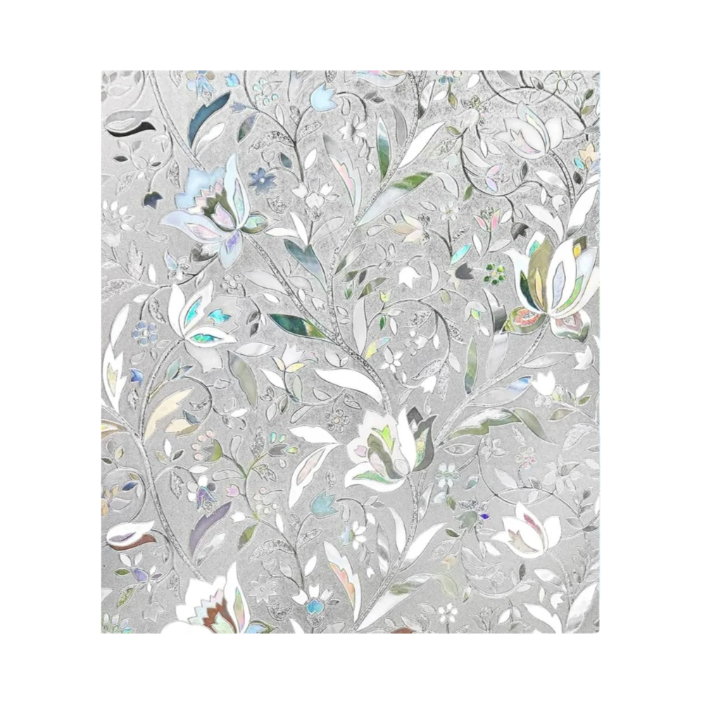 films décoratifs statiques fenêtres motifs fleurs stylisées moderne gris clair vert bleu blanc opaques