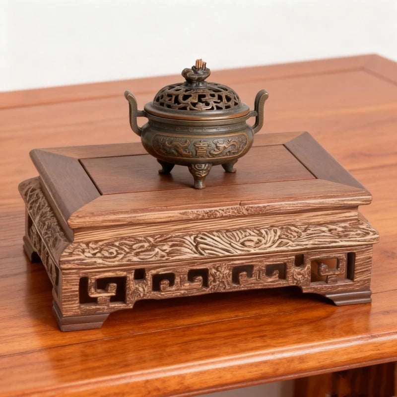 support bois sculpté artisanal miniature base sculpture vase plantes traditionnel chinois trépied