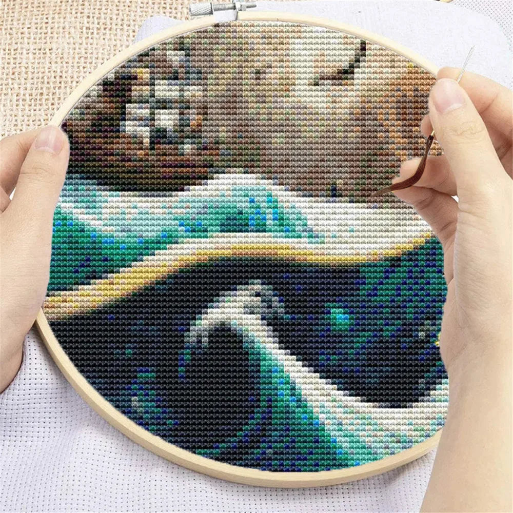 kit broderie paysage mer moderne toile coton imprimée bleu vert blanc abstraite aiguilles instructions