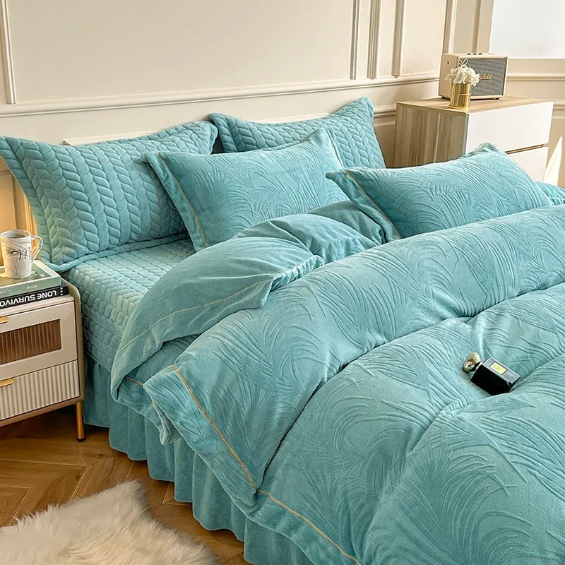 ensemble literie quatre pièces motif floral beige gris bleu clair vert pastel classique polyester