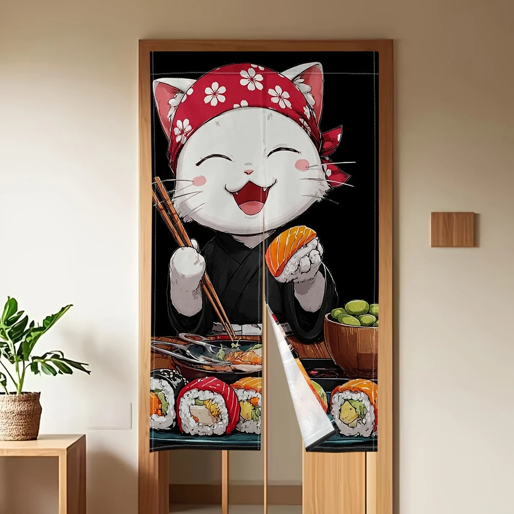 rideau cuisine japonais dessin animé chats souriants sushi floral polyester durable