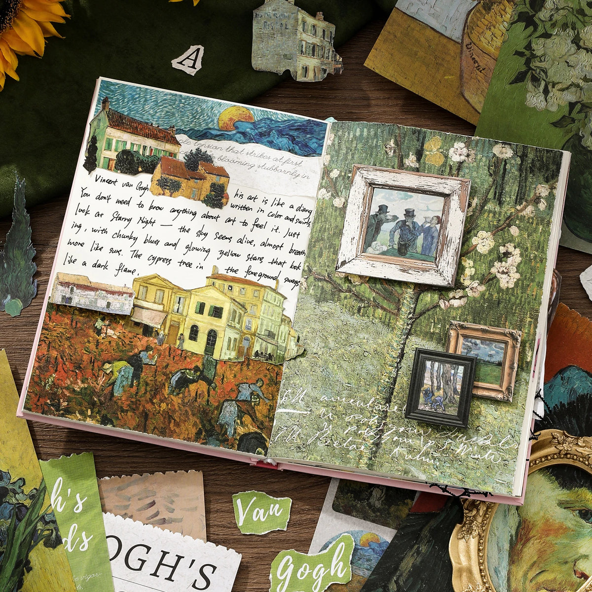 livre artistique van gogh impressions autocollants floral vert jaune blanc vintage.pages imprimees reproductions obras