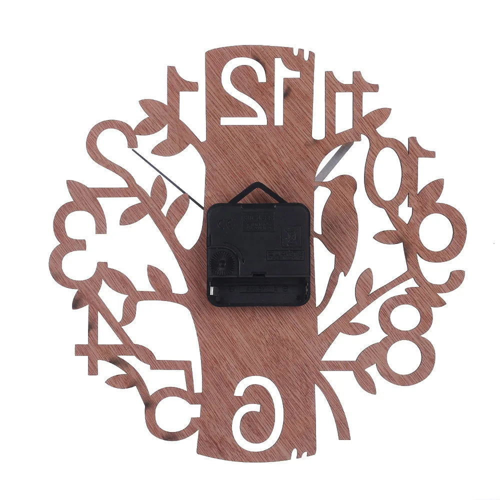 horloge murale bois arbre oiseaux chiffres naturel rustique artistique quartz aiguille