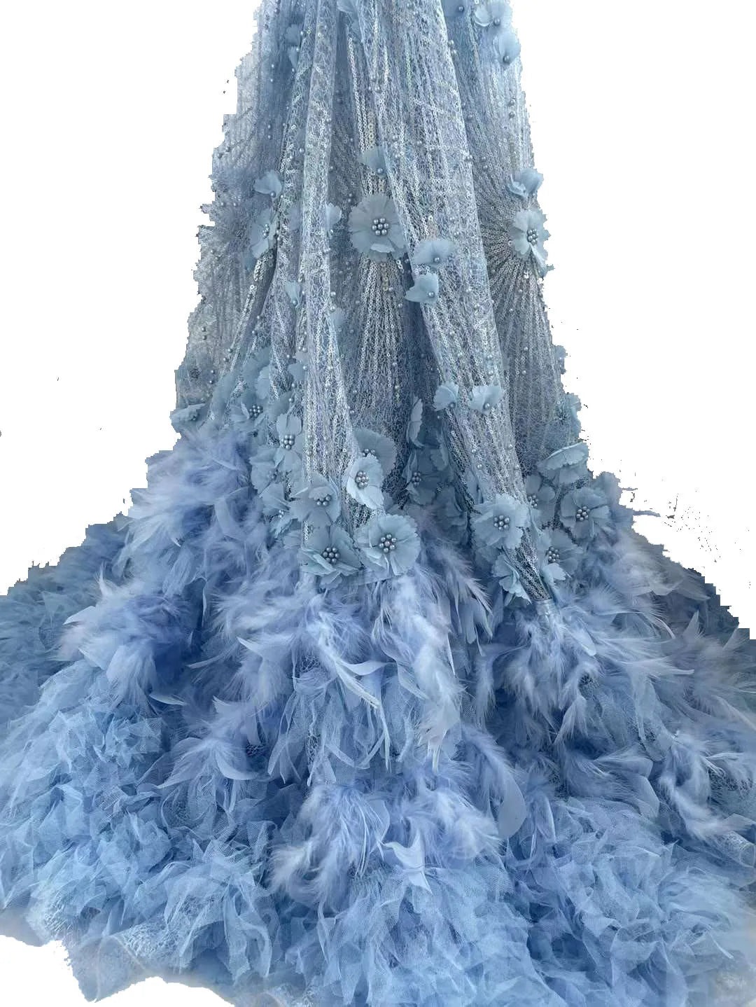 tissu dentelle plumes brodées élégantes fleurs relief translucide bleu clair vert rose violet