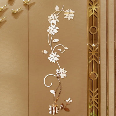Miroir mural en rotin avec fleurs 3D autocollant acrylique noir