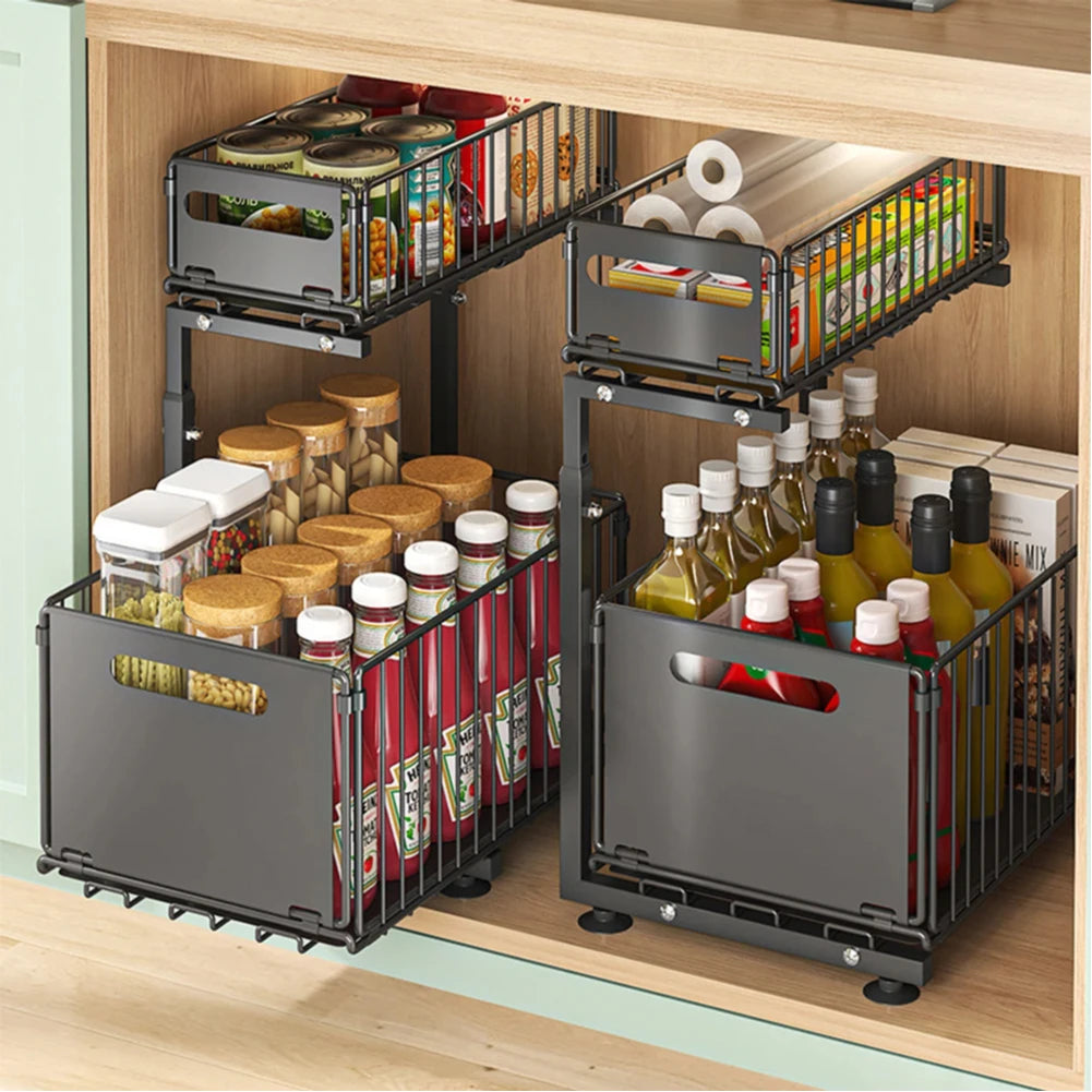rangements cuisine tiroirs coulissants metal decoupages rectangulaires bouteilles conserves bocaux essuie tout boites alimentaires