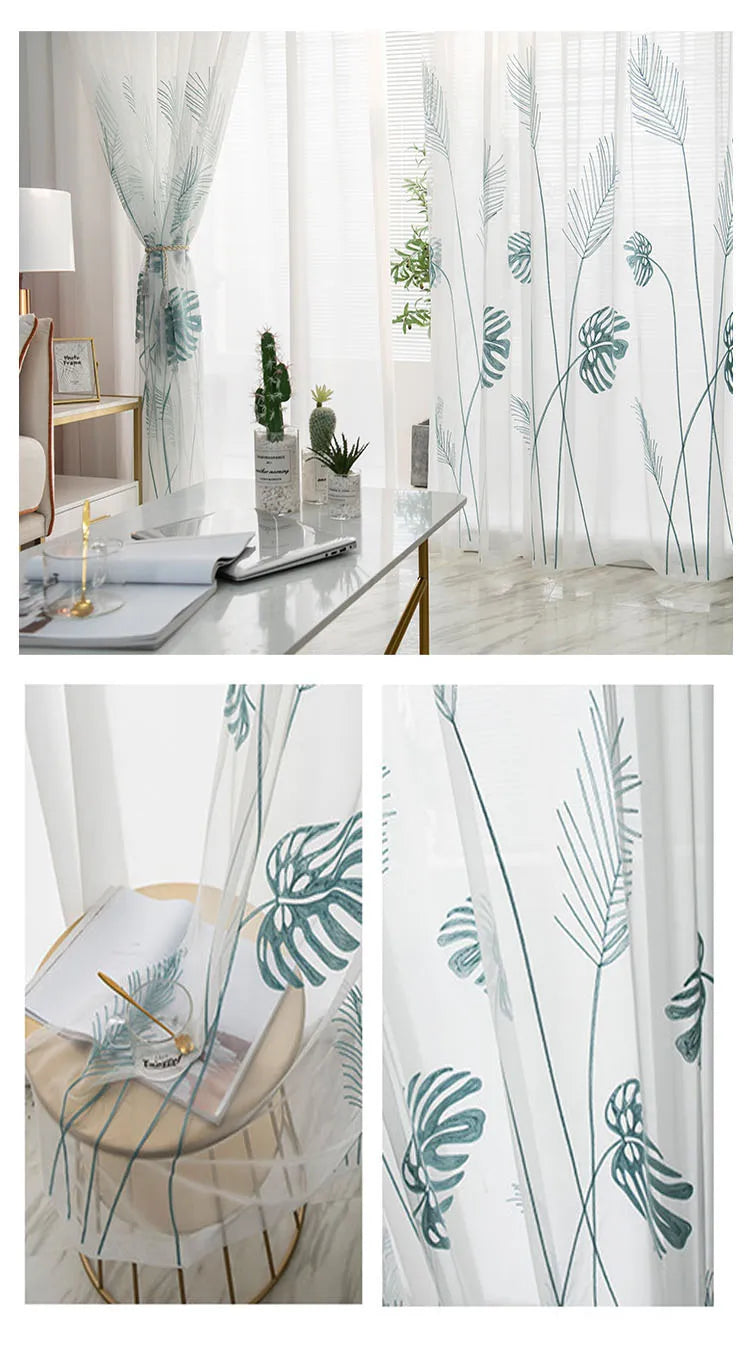 rideau tulle transparent feuilles stylisées moderne blanc vert clair fenêtre français polyester