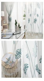 rideau tulle transparent feuilles stylisées moderne blanc vert clair fenêtre français polyester