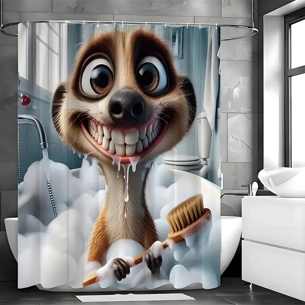 rideau douche polyester dessin animé animal souriant bain lunettes noires brosse dents opacité métalliques