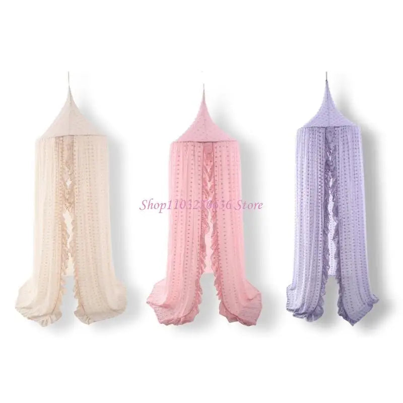 rideau lit bébé blanc rose violet texture dentelle semi transparent bohème enfantin suspension central
