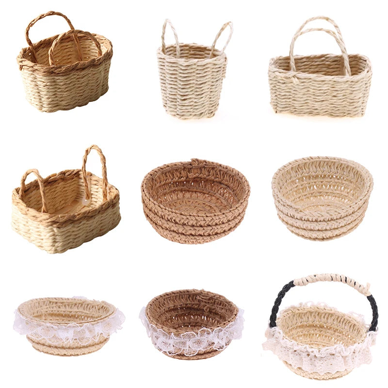 paniers tissés main naturels rustiques jouets miniatures décorations artisanales vintage poignées anneau