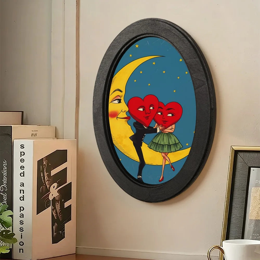 cadre mural bois dessin animé personnages coeurs oeil chat lune étoiles vintage romantique fantastique