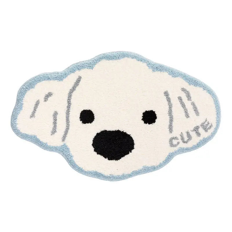 Tapis en forme de mignon petit chien blanc avec de grands yeux noirs, représenté de manière simplifiée avec du texte "clute".