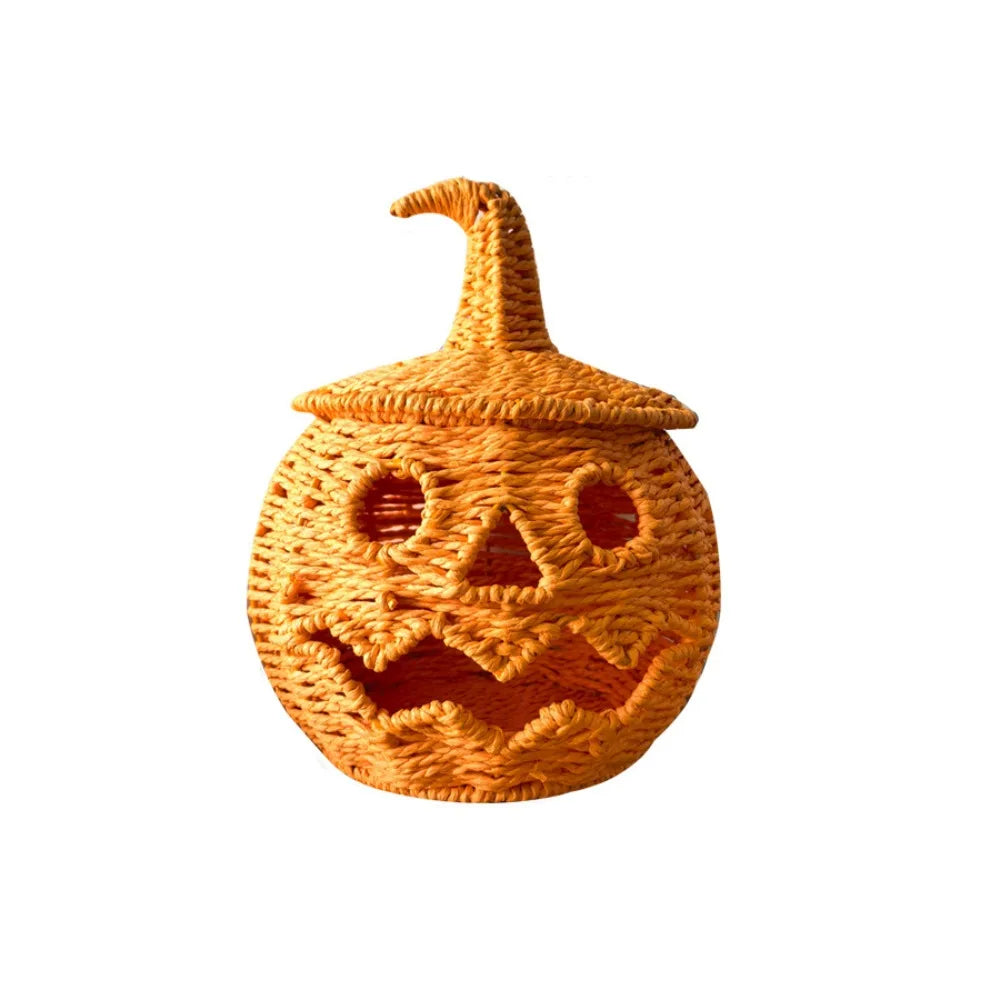 lanterne halloween citrouille tressée visage sculpté orange noire résine mat
