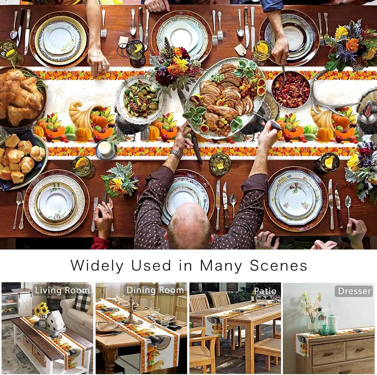 L'image montre une table richement garnie pour un repas d'automne, avec des plats traditionnels, des fleurs et des décorations saisonnières. La table est entourée de divers éléments de décoration typiques des pièces de vie d'une maison, tels qu'un salon, une salle à manger, un patio et une commode.