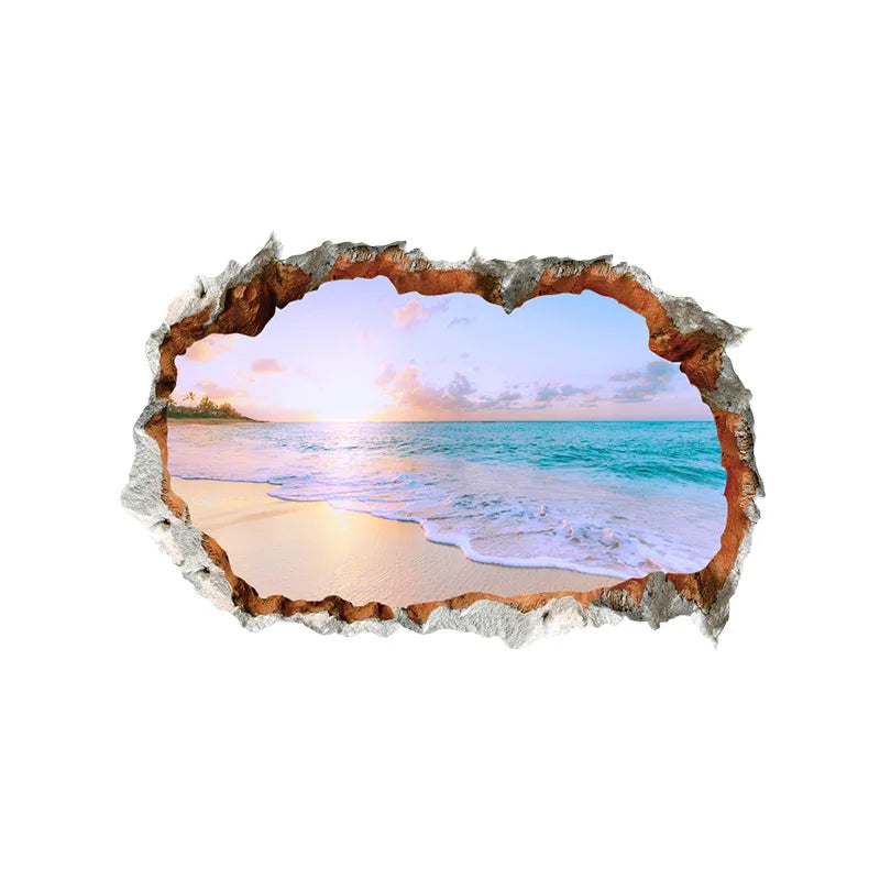 sticker mural plage multicolore coucher soleil océan réaliste 3D adhésif facile appliquer dimension 40x60cm