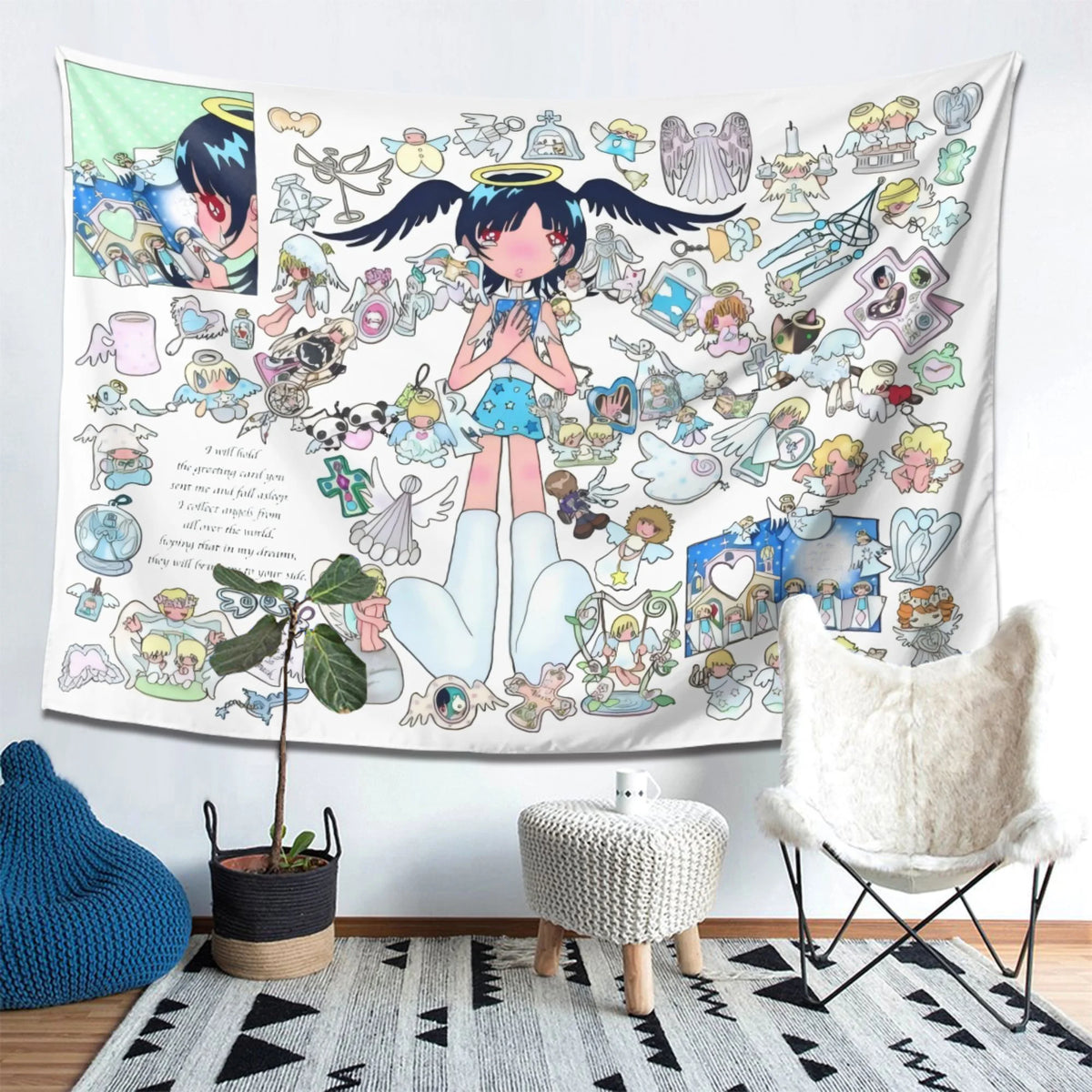 tapisserie murale anime illustration fille ailes salon chambre blanc rose bleu vert