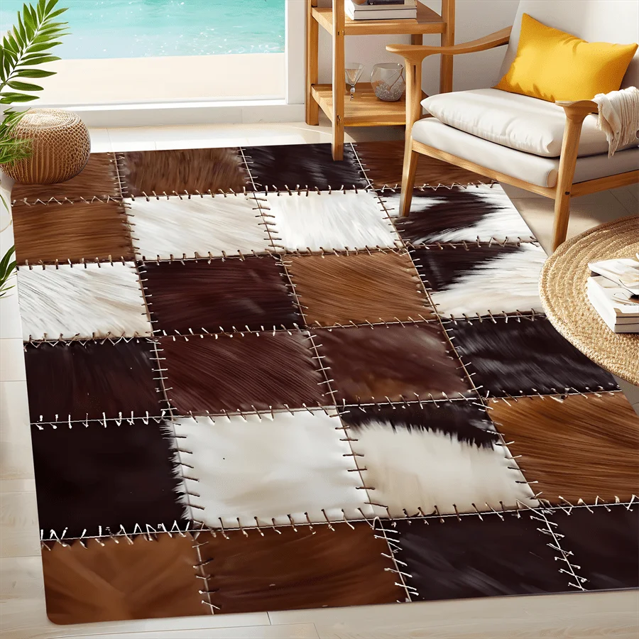 tapis marron blanc patchwork imitation cuir antidérapant moderne rustique intérieur cuisine salle bain