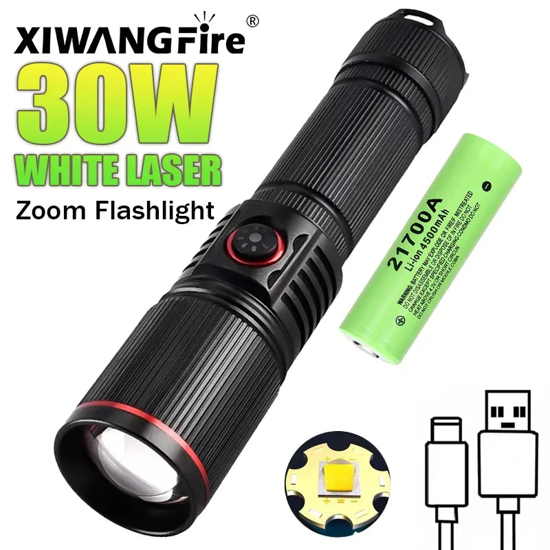 lampe torche led rechargeable 30w intense 500m rayures noire camping