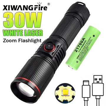 lampe torche led rechargeable 30w intense 500m rayures noire camping