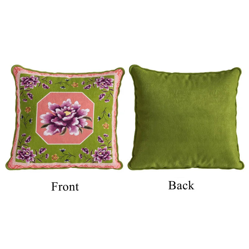 coussin carré velours fleur peony oiseau classique vert rose violet blanc