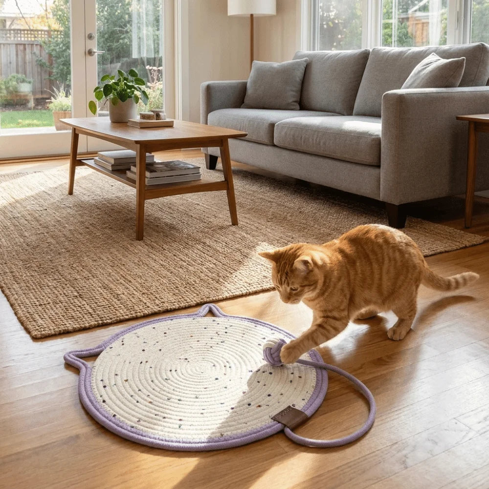 tapis chats blanc rouge rose jaune violet tissé points noirs moderne oreilles chat anneau