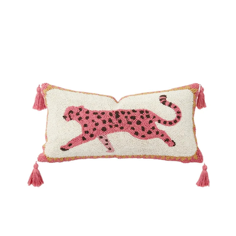 housse coussin lombaire léopard peluche pompons vintage décoration maison lit voiture