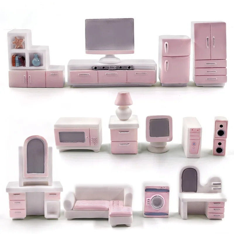 meubles miniatures chambre poupée résine rose blanc fauteuil téléviseur armoire décoration maison moderne