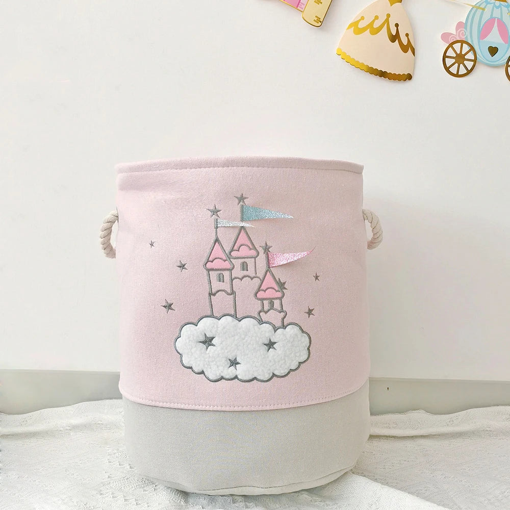 panier rangement rose gris château nuages étoiles poignées tissu pliable enfant conte fées