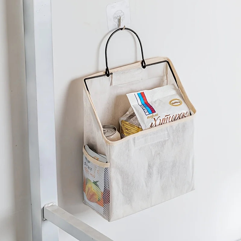 sac rangement mural toile coton beige gris minimaliste poches clips adhésifs poignées métalliques modernes