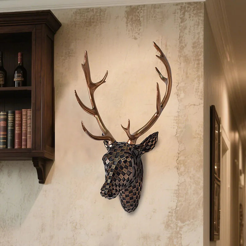 décoration murale tête cerf or noir blanc moderne checkerboard