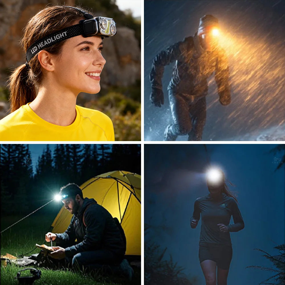 lampe frontale led rechargeable noire bande velcro boutons affichage led étanche travail camping