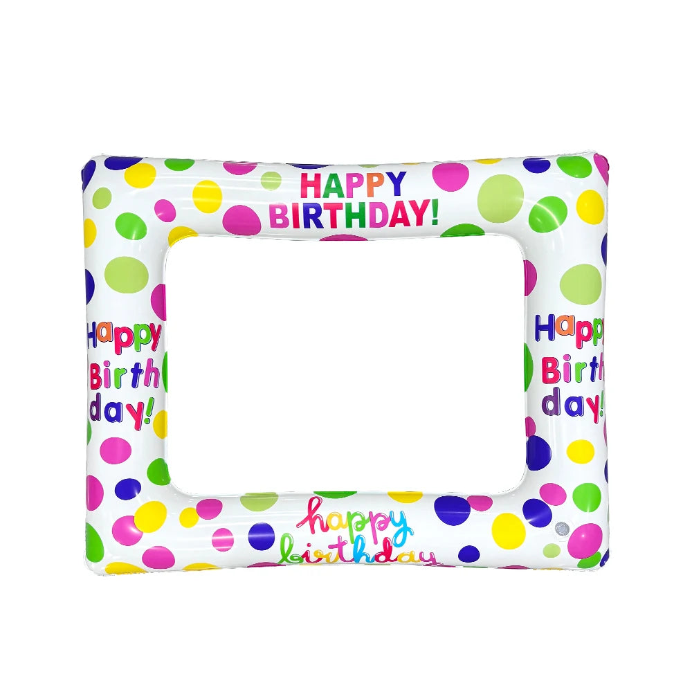 cadre photo gonflable happy birthday blanc multicolore motifs pois inscriptions fête anniversaire valise antifuite