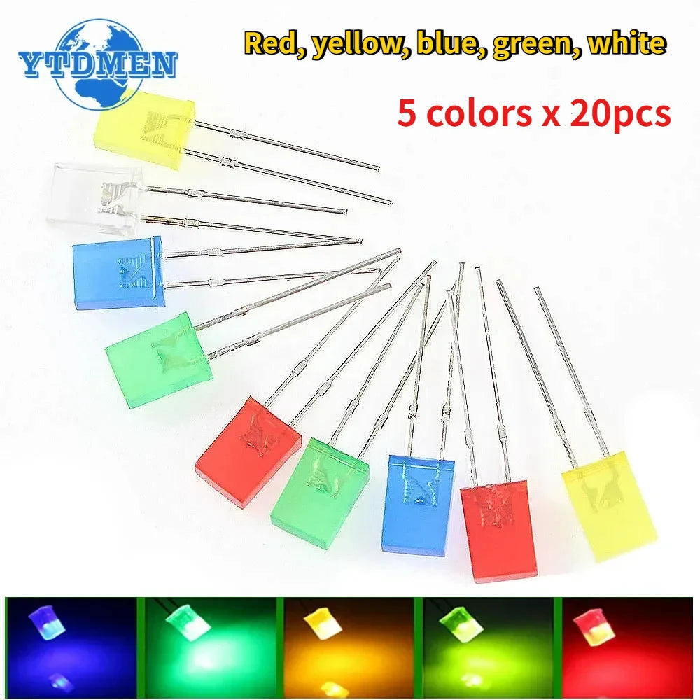 diodes led rouges vertes bleues jaunes kit 100 pieces 2x5x7mm transparentes électronique diy proyectos