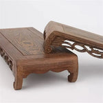 support présentation bois sculpté marron foncé grain naturel classique artisanal stand unique