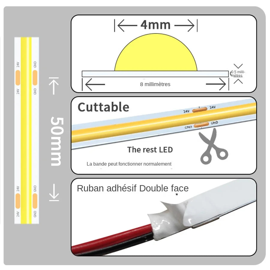 bande led cob 12v 24v blanc 4500k moderne adhésif haute luminosité 320led/m 50000heures