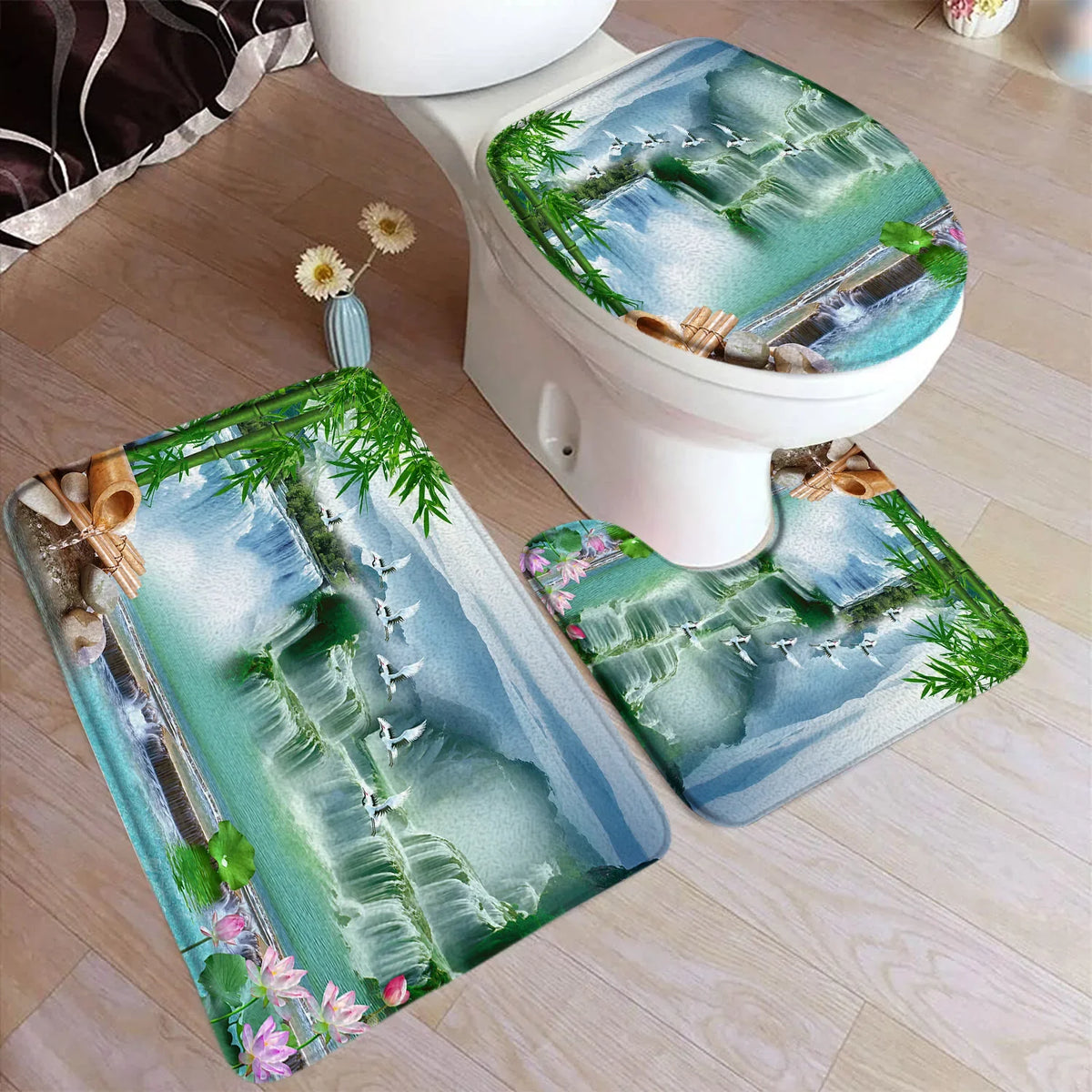 tapis toilette moderne vert feuilles bambou motifs floraux respectueux environnement adhésif salle bain