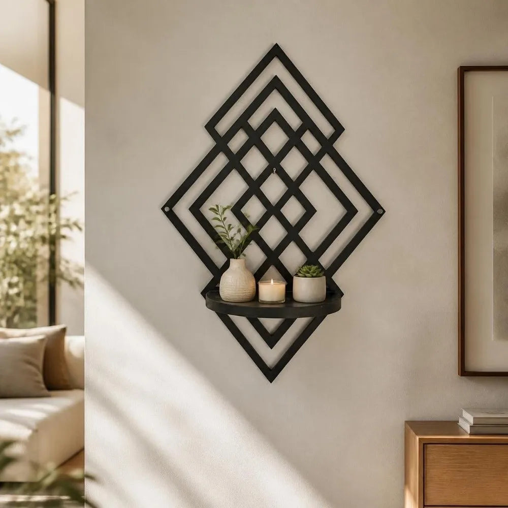 étagère murale bois géométrique moderne noir plante vase bougie diffuseur huiles essentielles