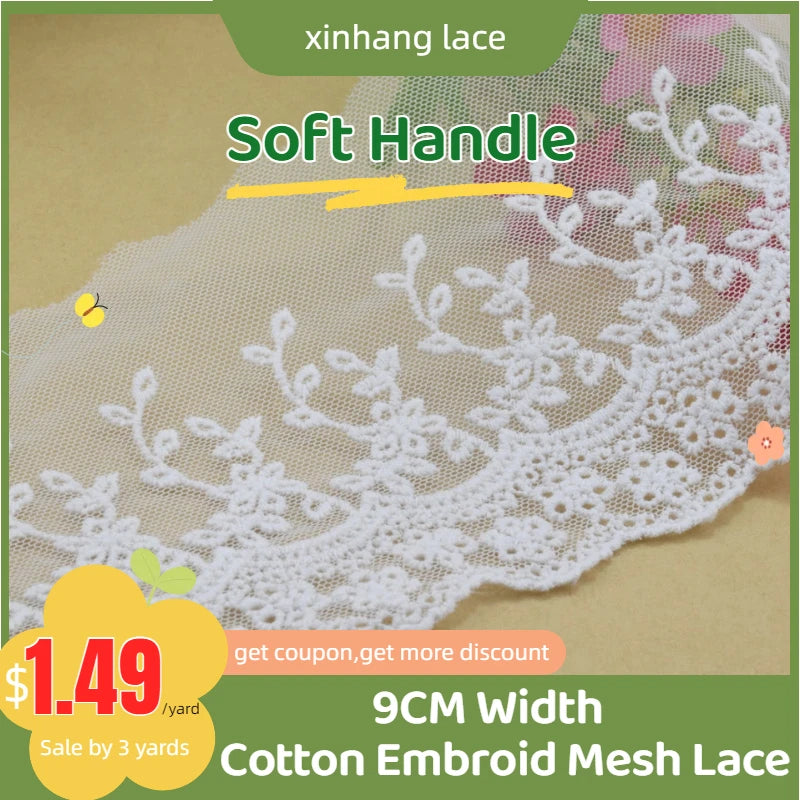 dentelle coton broderie florale 9cm large semi transparente traditionnelle blanc tricot couture bricolage garniture