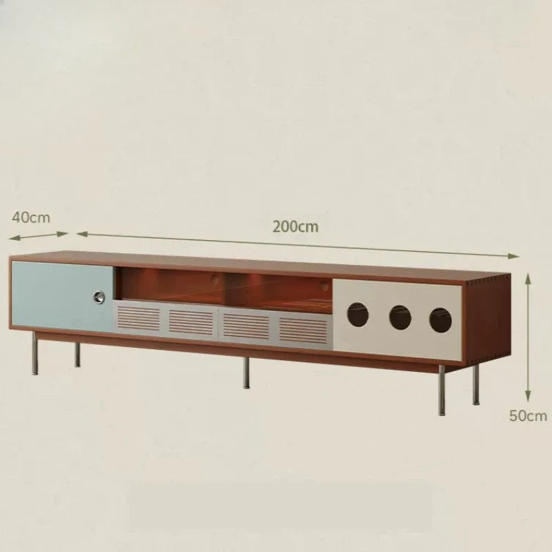 meuble bas tv console mid century bois tiroir étagère murale transparente