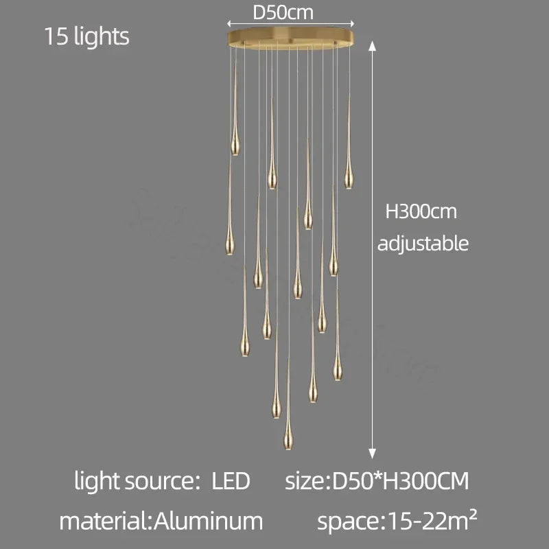 Suspension moderne dorée gouttes pluie opaques lumière chaude lumière blanche 90 260V