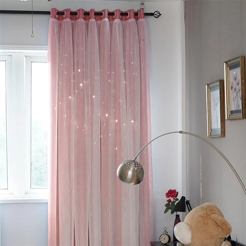 rideaux semi transparent étoiles découpées tissu plissé motif enfantin couleurs rose bleuclair
