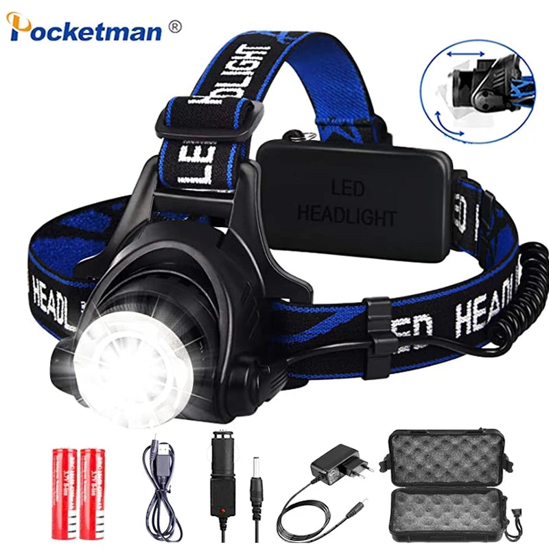 lampe frontale led noir bleu tissu texturé métal brillant chargeur usb adaptateur secteur sac
