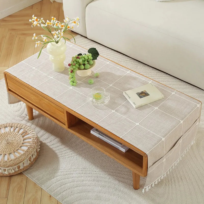 couverture table moderne polyester beige clair franges poches imperméable réutilisable machine laver
