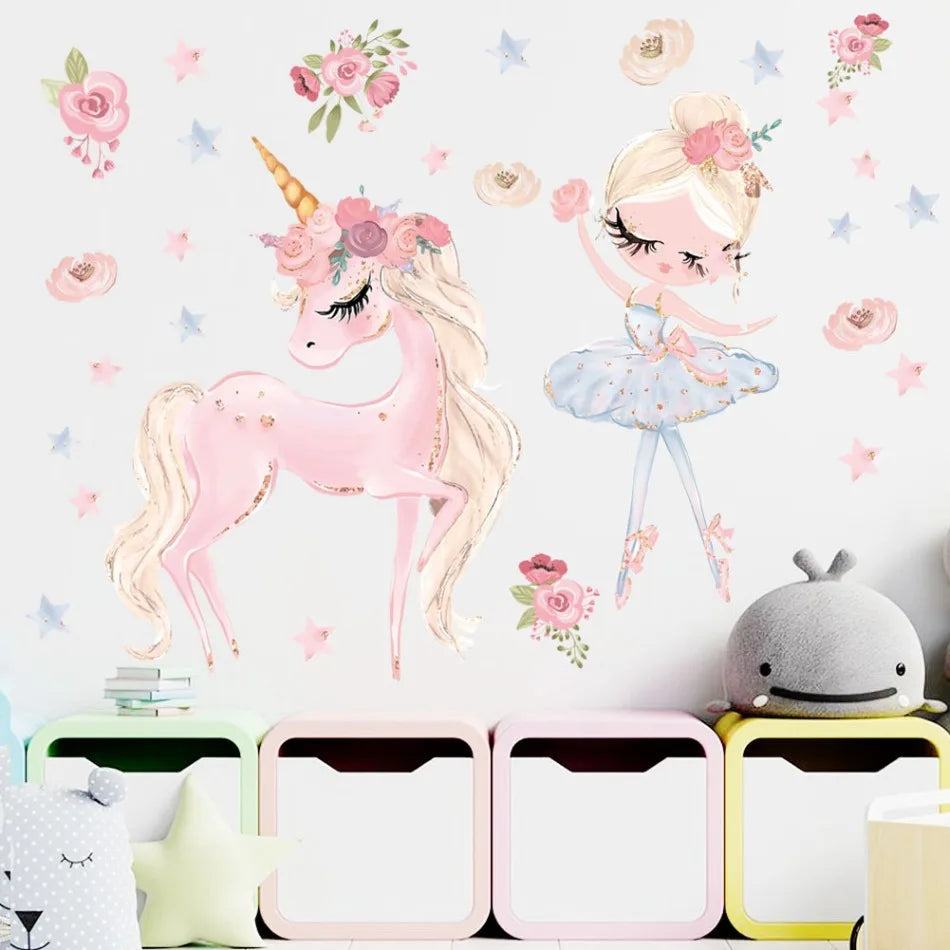 stickers muraux licorne danseuses fleurs étoiles cartoon chambre enfants papier adhésif rose blanc bleuclair