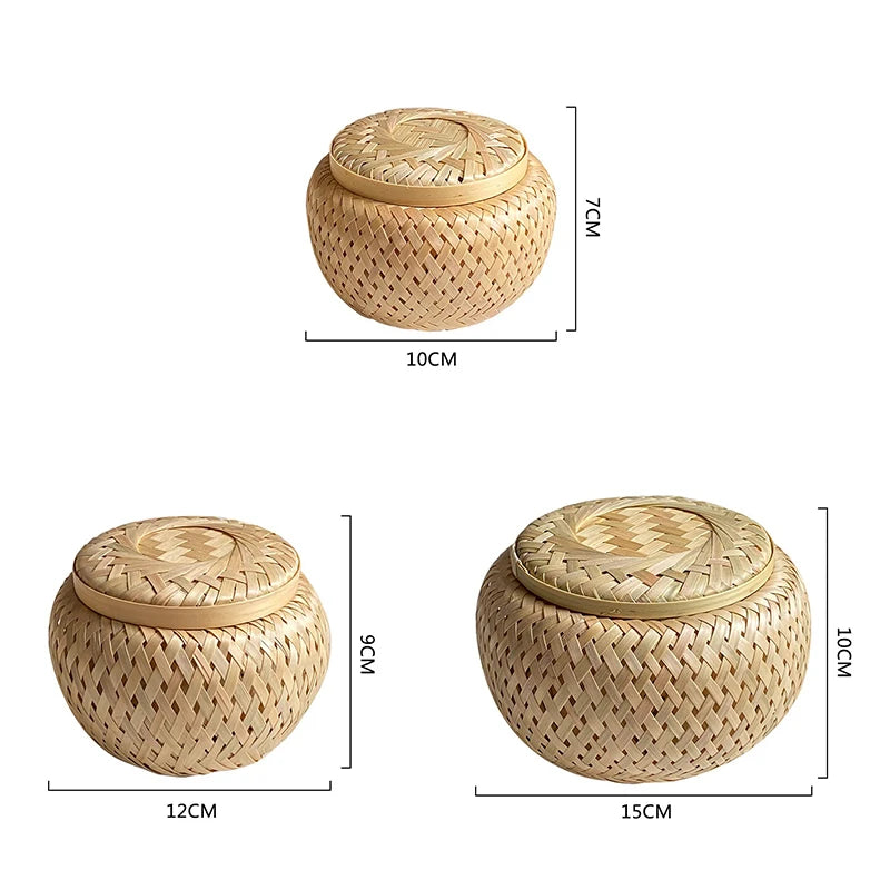 paniers rangement bambou tissé main couvercle motif géométrique naturel traditionnel bohème durable écologique