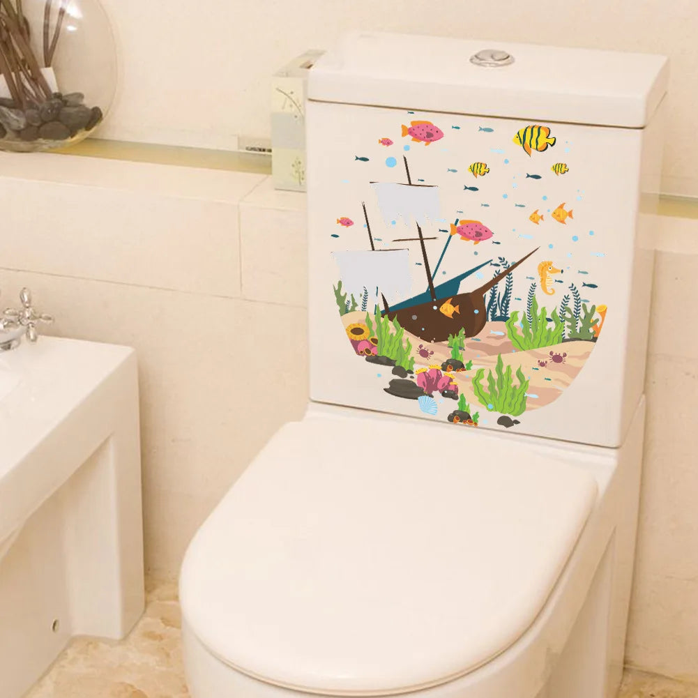 autocollant mural thème marin poissons bateau algues coraux blanc décoration salle bain facile poser