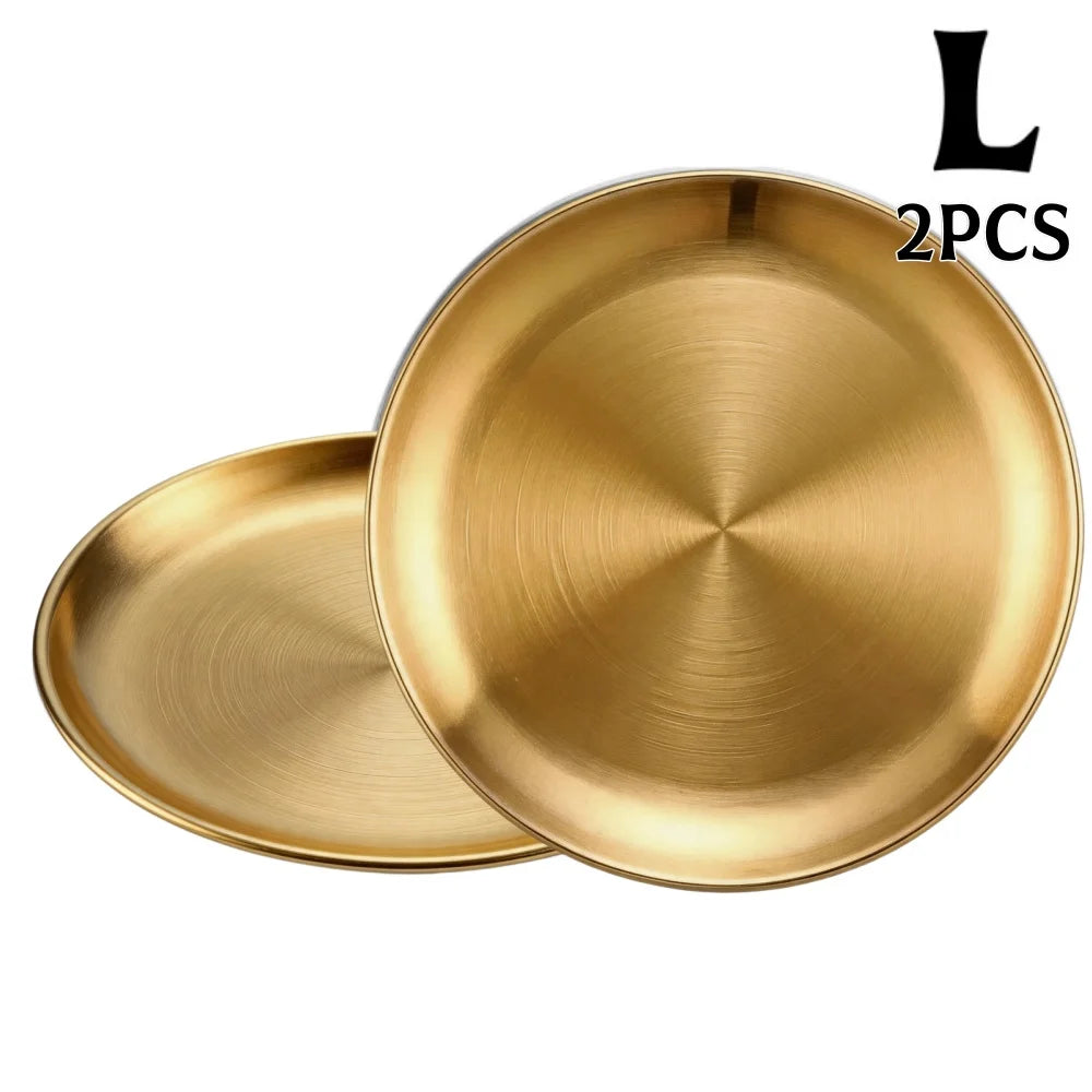 assiettes acier inoxydable or argent rondes modernes différentes tailles buffet dessert pizza